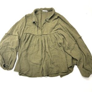 Ces Femme Total Bliss Olive Green Cotton Oversized Flowy Top Blouse Boho Crinkle
